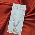 Silver Pearl Triangle Pendant Necklace Set