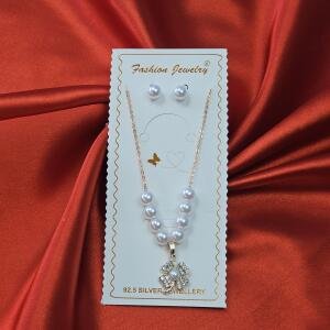 Silver Pearl Flower Pendant Necklace Set